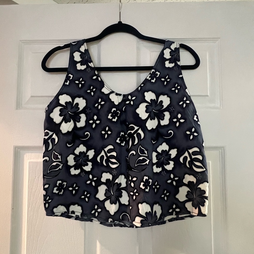 Floral Sleeveless Top - Navy and White